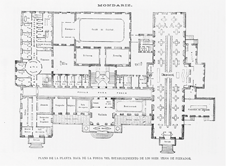 Plano de la planta baja de la fonda del Establecimiento de los Sres. Hijos de Peinador. Las aguas de Mondariz, 29.