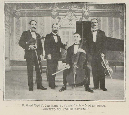 Cuarteto del Establecimiento en 1916. «Música gallega en Mondariz», Mondariz. Revista ilustrada 16 (1916): 352.