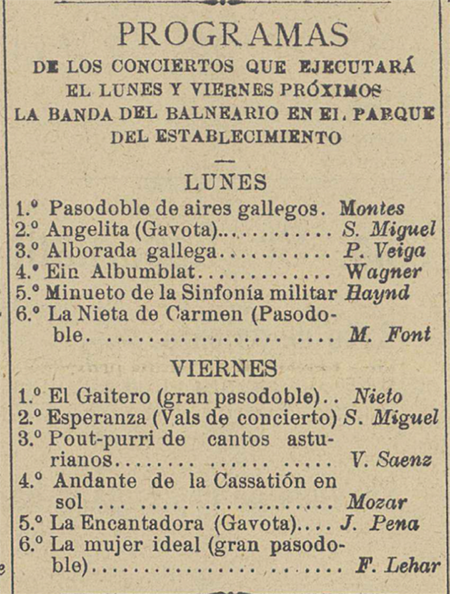 Programas de concierto de la banda del balneario de Mondariz. La Temporada en Mondariz 13 (01-09-1918): 3.
