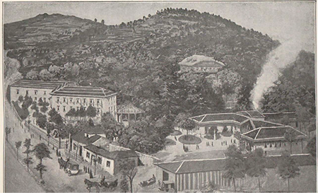 Primer establecimiento balneario en 1890, anterior la construcción del Gran Hotel. Mondariz. Revista ilustrada 28 (1917): 575.