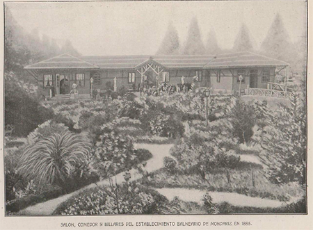 Aspecto del primer complejo (1880) destinado al entretenimiento anterior al Salón Teatro. Mondariz. Revista ilustrada 28 (1917): 572.