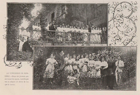 «Grupo de jóvenes que, sin tomar las aguas, contribuyen con su alegría al alivio de los que las toman». Mondariz. Revista ilustrada 16 (1916): 344.