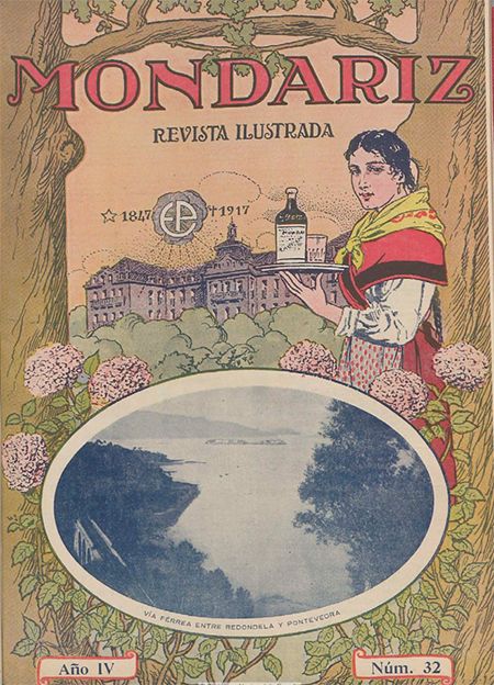 Portada de la revista ilustrada Mondariz con joven camarera en traje regional gallego. Mondariz. Revista ilustrada 32 (1918).