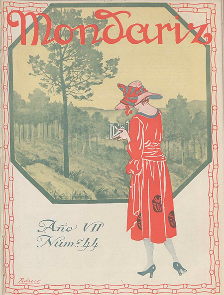 Portada de la revista ilustrada Mondariz con joven turista. Mondariz. Revista ilustrada 44 (1921).