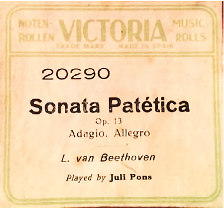 Spine of the Victoria roll acquired via eBay, identifying Juli Pons as the performer. The roll bears reference number 20290, which does not appear in any known Victoria catalogue.
