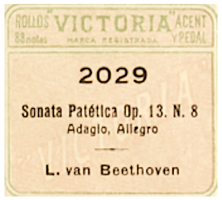 The spine of the metronomic (transcribed) roll of Beethoven’s Pathétique Sonata held at the BNE, where the different reference number and the absence of Juli Pons as performer are clearly visible.