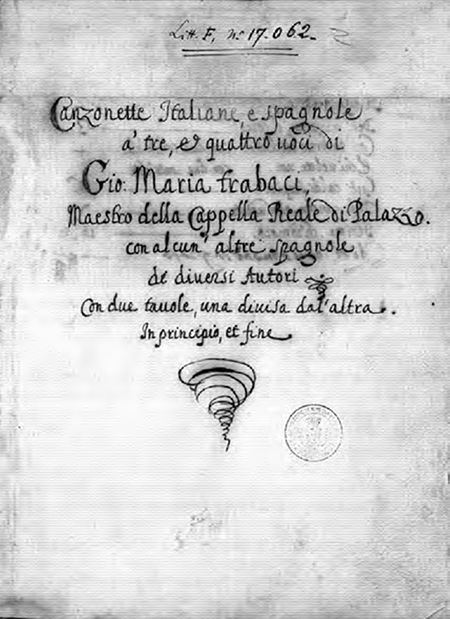 Portada de Canzonette Italiane, e spagnole à tre, et quattro voci di Gio[vanni] Maria Trabaci maestro della Cappella Reale di Palazzo con alcun’altre spagnole de diversi Autori.