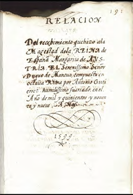 Comienzo del poema «Relación del recibimiento…» en I-Vmc Correr 1279 (f. 191r). Imagen reproducida por cortesía de la Fondazione Musei Civici di Venezia.