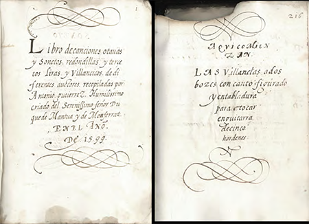 Títulos presentes en el manuscrito I-Vmc Correr 1279: (Izda.) motivos decorativos y título, (f.1) y (Dcha) título de la parte musical, (f. 216). Imagenes reproducidas por cortesía de la Fondazione Musei Civici di Venezia.