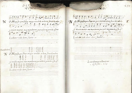 «No me pesa que amor» en I-Vmc Correr 1279 (ff. 229v-230r). Imagen reproducida por cortesía de la Fondazione Musei Civici di Venezia.