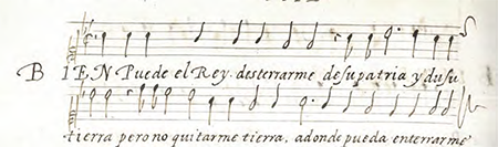 Tiple de «Bien puede el rey desterrarme», segunda parte de «En desgracia de su rey» en I-Vmc Correr 1279 (f. 222v). Imagen reproducida por cortesía de la Fondazione Musei Civici di Venezia.