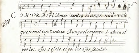 Comienzo de la copla de «Contra el amor nada vale» en I-Vmc Correr 1279 (f. 242v). Imagen reproducida por cortesía de la Fondazione Musei Civici di Venezia.