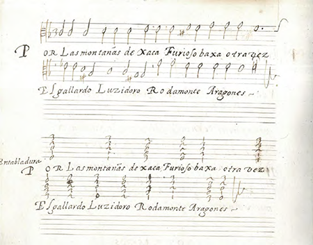 Tiple y acompañamiento de «Por las montañas de Jaca» en I-Vmc Correr 1279 (f. 220v). Imagen reproducida por cortesía de la Fondazione Musei Civici di Venezia.