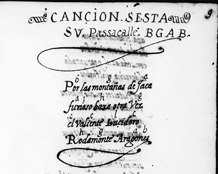 Primera copla de la misma pieza en el Ms. Corsini, I-Rli Cod. 625, f. 9r.
