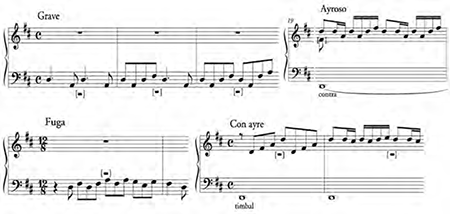 Vicente Rodríguez. Tocata para clarines de batalla, incipits of movements I, II and V.