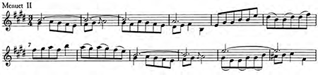 J. S. Bach, Menuett 2, Partita for Violin No. 3, BWV 1006, mm. 1-15. From Günter Hausswald, ed., Neue Bach-Ausgabe, series VI, vol. 1 (Kassel: Bärenreiter Verlag, 1958). Public Domain.
