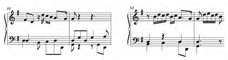 [V. Rodríguez], Tocata de mano derecha de 8º tono ad libitum, I, mm. 10-11; Tercera parte, m. 57: pre-galant cadences.