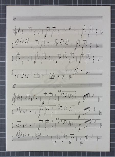 Falsetas 1 y 2 para guitarra de un cuaderno manuscrito inédito de Manuel García Matos cuya portada dice: «Alegrías ‘mi’». García Matos recogió 542 falsetas del guitarrista malagueño Juan Navas Salas y comentó que tenía muchas otras inéditas; véase la Misión 15a del Fondo de Música Tradicional: https://musicatradicional.imf.csic.es/source/26401. IMF-CSIC, Biblioteca Manuel García Matos.